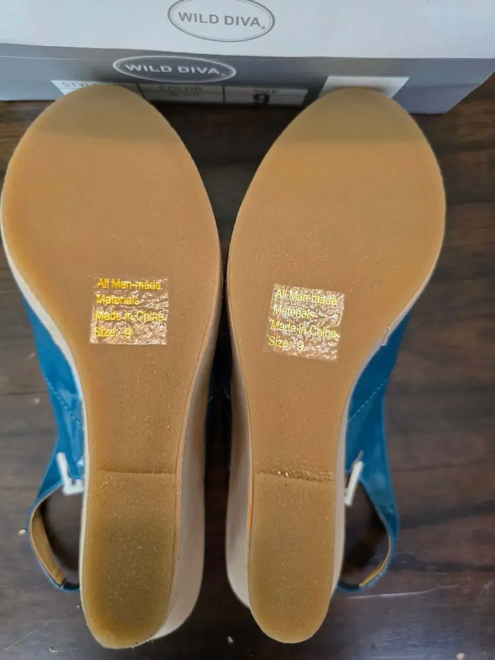 New Wild Diva Blue Patent Leather Peep Toe Slingback Wedge Sandals Sz 9